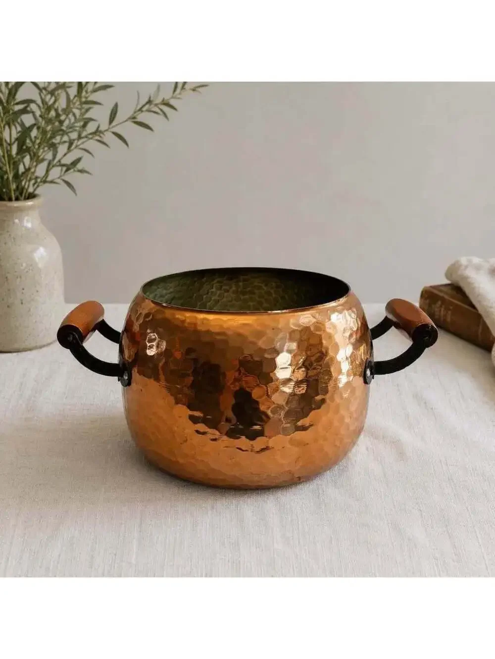 Vintage Hammered Copper Pot Wrought Iron Wood Handles Rustic Country Kitchen